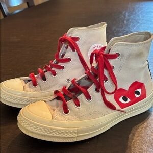 Comme des Garcons PLAY Gray and Red High-Top Sneakers in 6